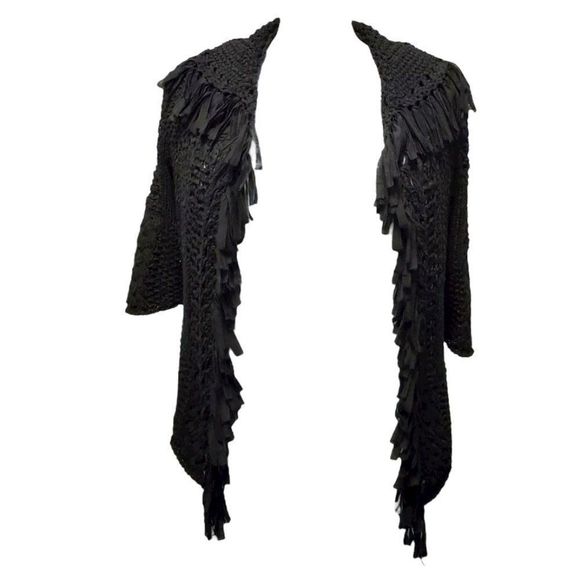 Bold Artsy Goth Jacket Black Knot Macrame w/ fringe collar and front opening - Picture 5 of 8